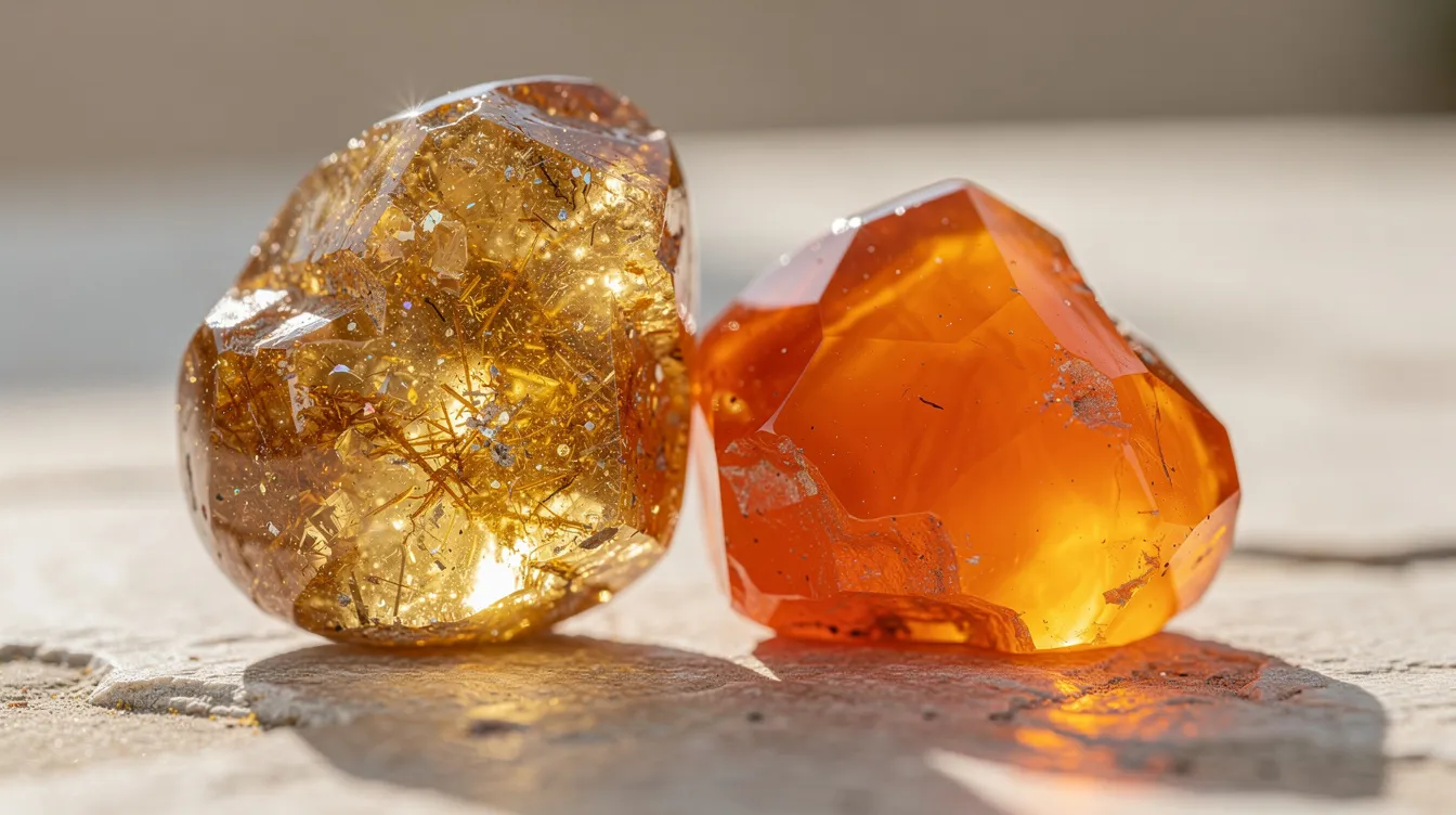 The image features warm golden sunstone and vibrant orange carnelian crystals glistening in natural sunlight, showcasing their classic beauty and rich colors. These gemstones, often associated with various zodiac signs and birthstones, symbolize creativity and energy, evoking a sense of warmth and inspiration.