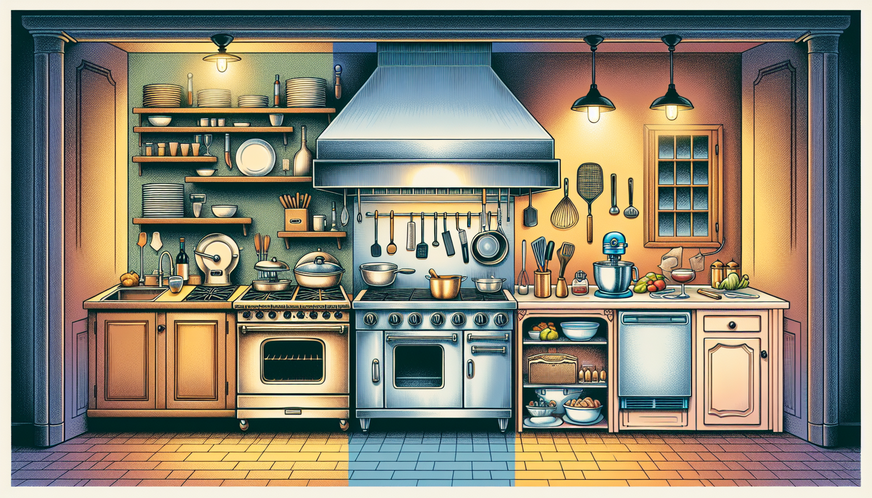 A split image showing a commercial kitchen and a residential kitchen, highlighting the differences in appliance repair services.