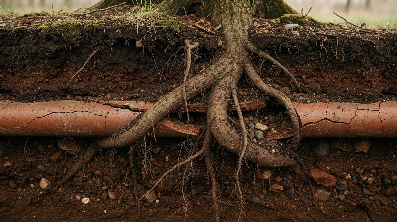 The image depicts thick tree roots intertwining with old underground clay pipes, illustrating a common plumbing issue that can lead to slow drains and sewer problems. This scene highlights the importance of drain cleaning services and routine maintenance to prevent blockages in the main sewer line.