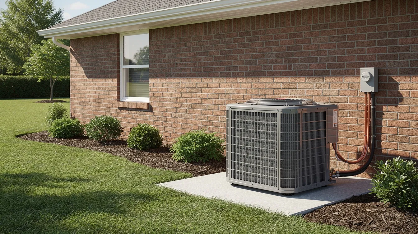 The image shows a residential outdoor AC condenser unit, specifically a 2 ton model, installed on a concrete pad beside a single-story brick home, surrounded by green landscaping. This air conditioning system is designed for efficient cooling and operates quietly, contributing to lower energy bills for homeowners.