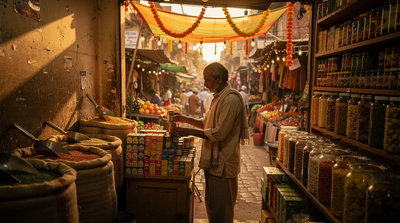 A small business owner is seen carefully arranging products in a vibrant shop within an Indian market, showcasing a variety of items that reflect local culture. This scene highlights the entrepreneurial spirit essential for accessing financial assistance through schemes like the Mudra loan, aimed at supporting micro enterprises and small businesses.