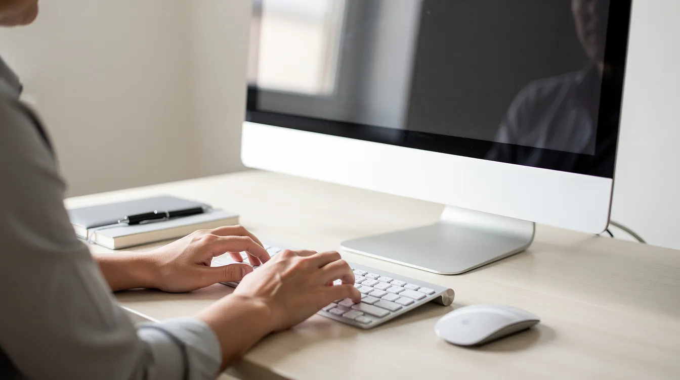 Eine Person tippt konzentriert auf einer Tastatur an einem aufgeräumten Schreibtisch, der einen Monitor zeigt. Der Schreibtisch vermittelt einen organisierten Eindruck, während die Person möglicherweise auf ihrem Easybill-Konto arbeitet oder eine E-Mail verfasst.