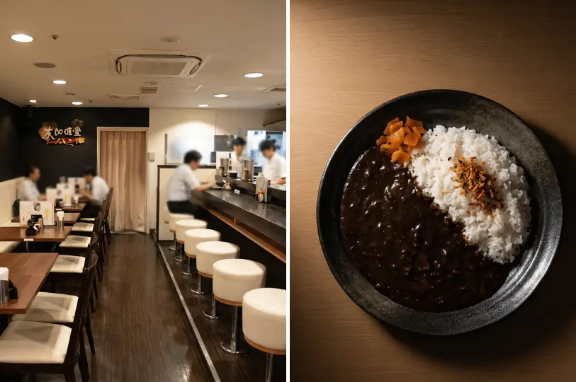 Side-by-side images featuring the cozy interior of a Japanese curry house with patrons dining at the counter and tables, next to a close-up of a dark, rich Japanese curry served half-and-half with white rice, garnished with pickles and crispy shallots.