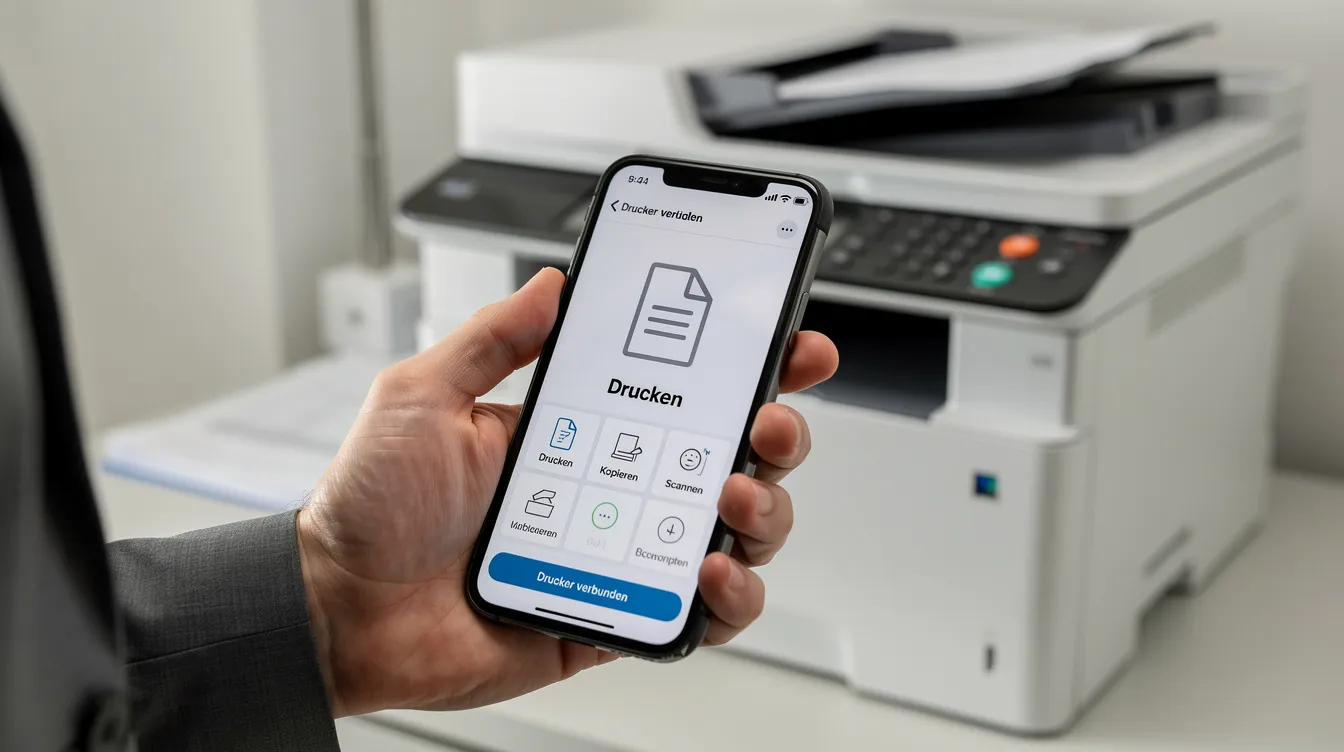 Eine Person hält ein Smartphone vor einem Drucker, auf dessen Display die HP Smart App mit Druckerfunktionen angezeigt wird. Die App zeigt die Schritte zur Verbindung des WLAN Druckers mit dem Netzwerk an, um Druckaufträge von verschiedenen Geräten wie Computer oder Tablet zu ermöglichen.