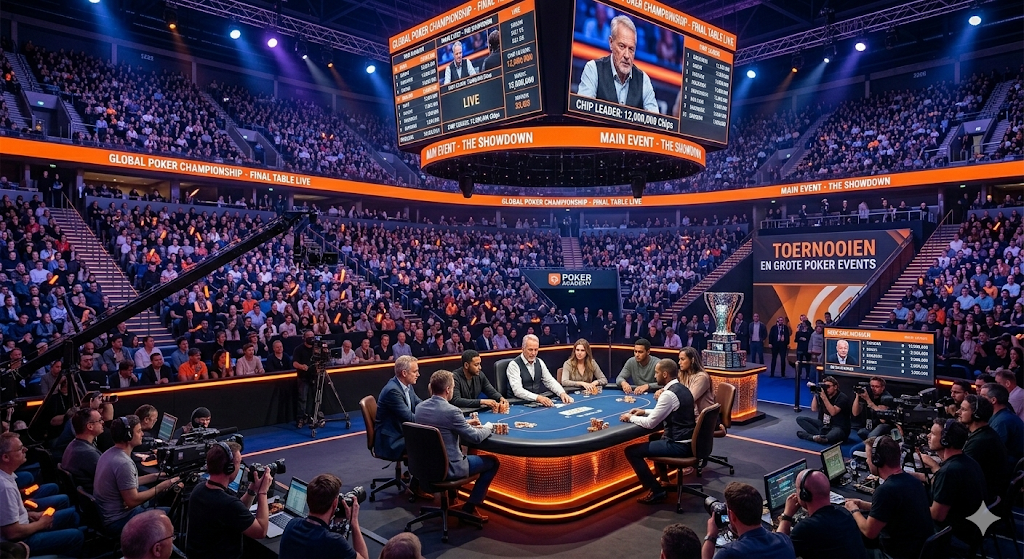 Finaletafel van een groot poker toernooi met spelers aan tafel, publiek op de tribunes en live uitzending tijdens een internationaal poker event.
