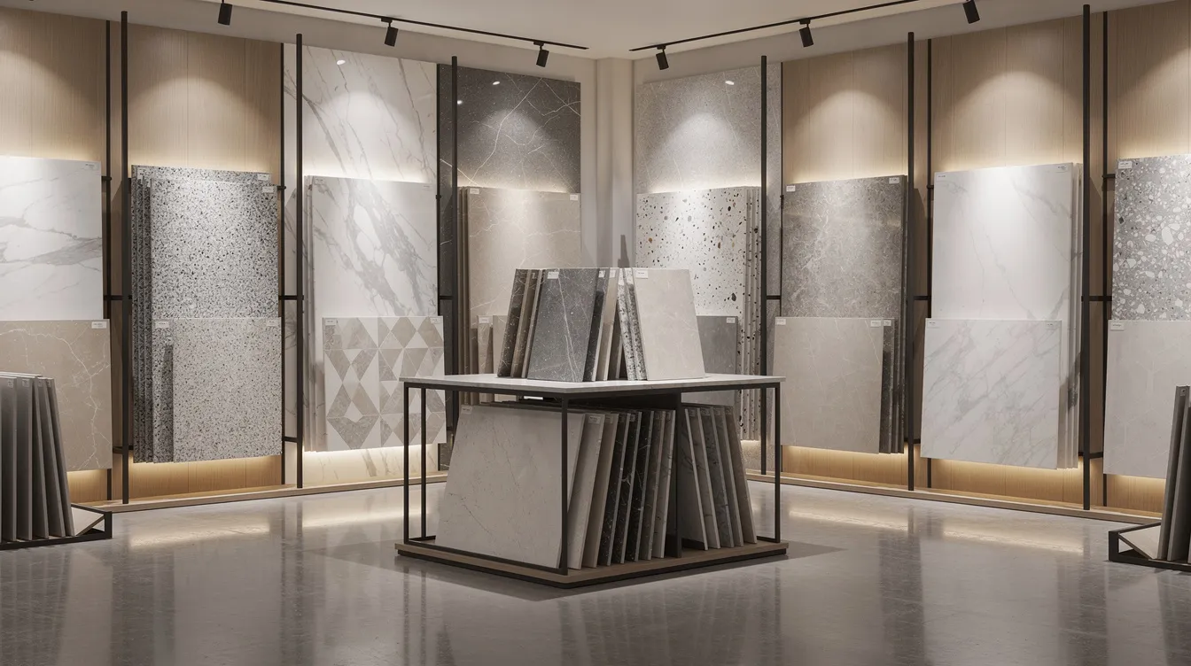 The image showcases a variety of luxury tiles and stone slabs displayed in a tile showroom, featuring options like white subway tiles, small hexagon tiles, and large format tiles. The arrangement highlights different tile patterns and textures, providing inspiration for modern bathroom designs, including shower walls and floor spaces, while emphasizing the elegance and functionality of each material.