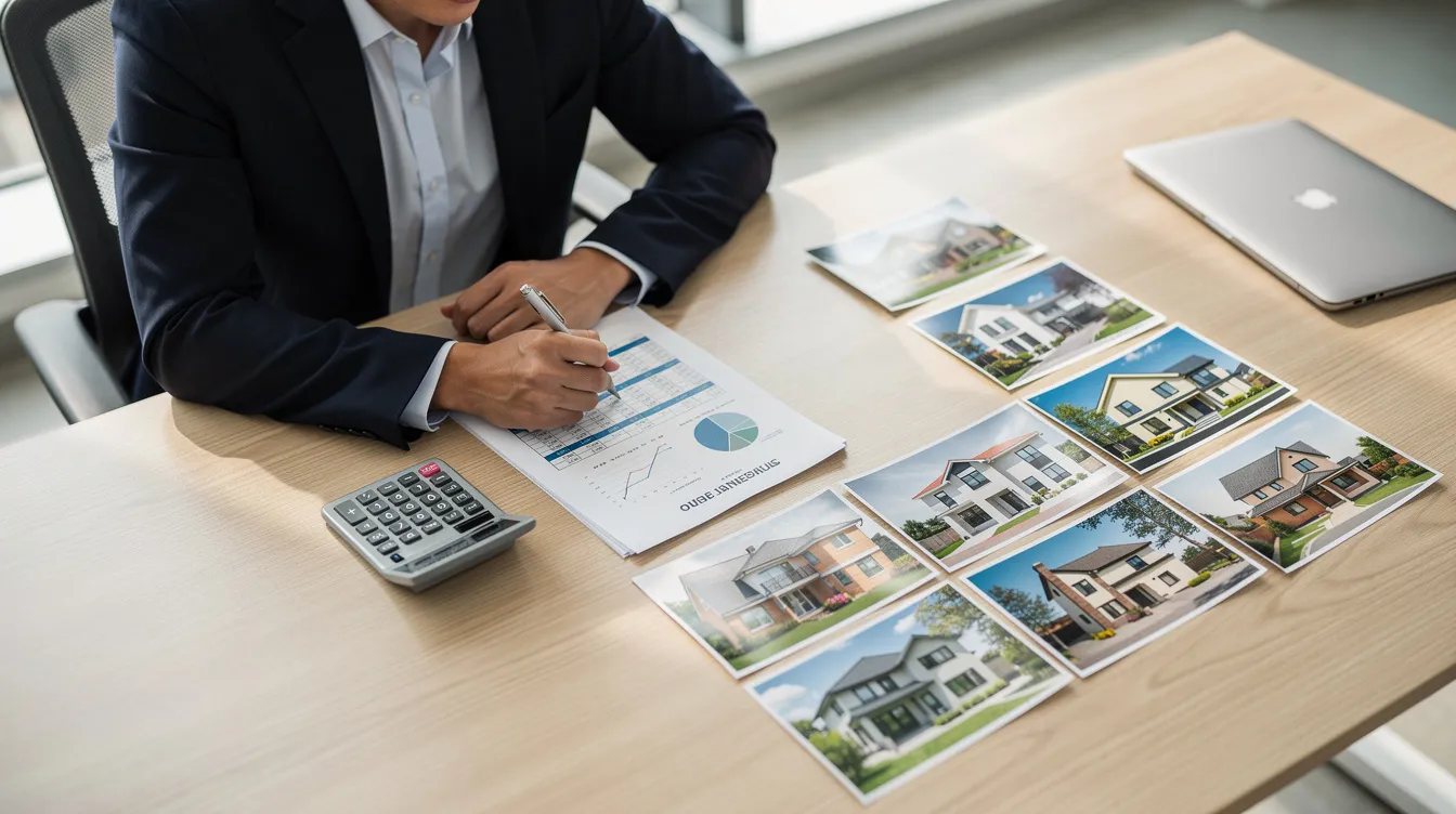 The image shows a person seated at a desk, intently reviewing financial documents alongside a calculator, with property photos displayed nearby. This scene reflects the analysis of debt service coverage ratio and net operating income, crucial for real estate investors assessing the financial health of properties.