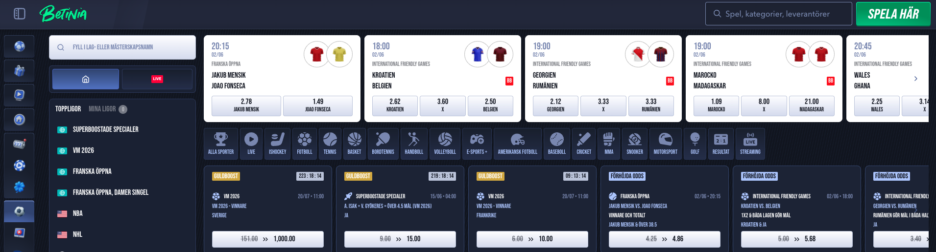 Betinia boostade odds