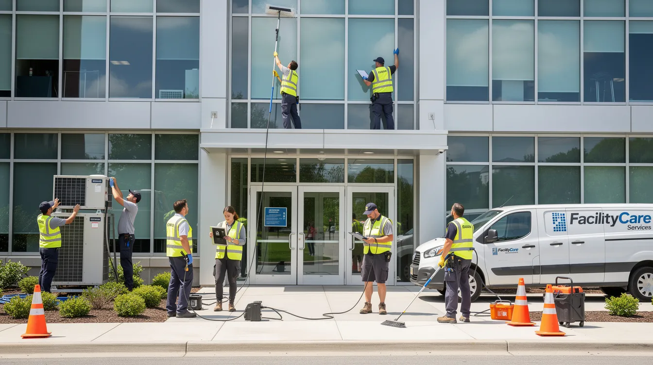 The image depicts the exterior of a commercial building with a professional maintenance team actively engaged in facility services, showcasing their commitment to maintaining a thriving business environment. The team, equipped with tools and uniforms, reflects the quality and efficiency associated with a proven franchise model in the facility maintenance service industry.