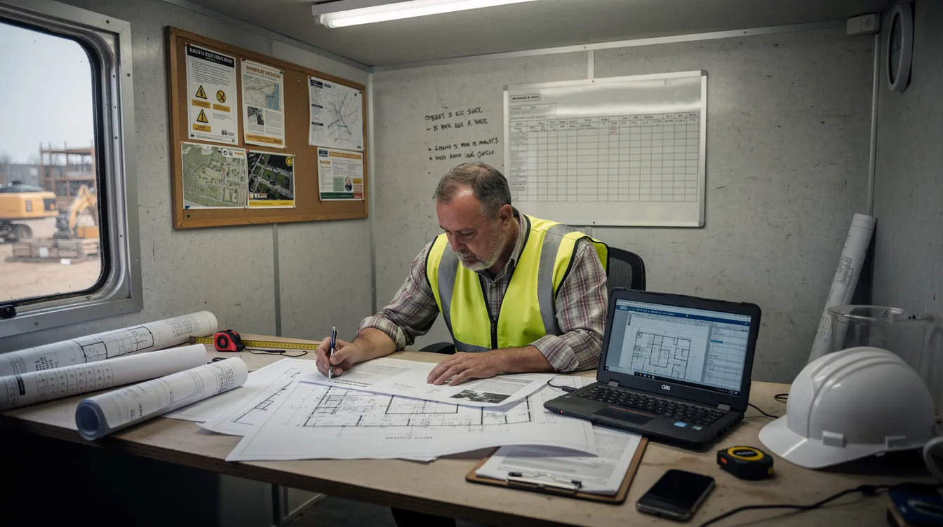 A contractor reviews printed project documents at a desk inside a construction trailer.