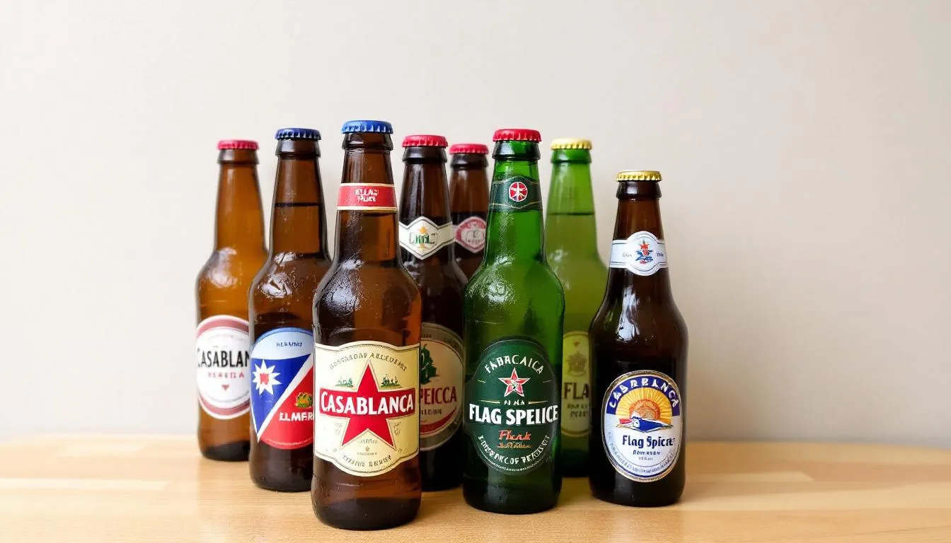 The image features several bottles of Moroccan beer, including the well-known Casablanca and Flag Spéciale brands, which are popular choices for those consuming alcohol in Morocco. These alcoholic beverages reflect a small aspect of local culture where drinking alcohol is often limited to licensed establishments and tourist areas.