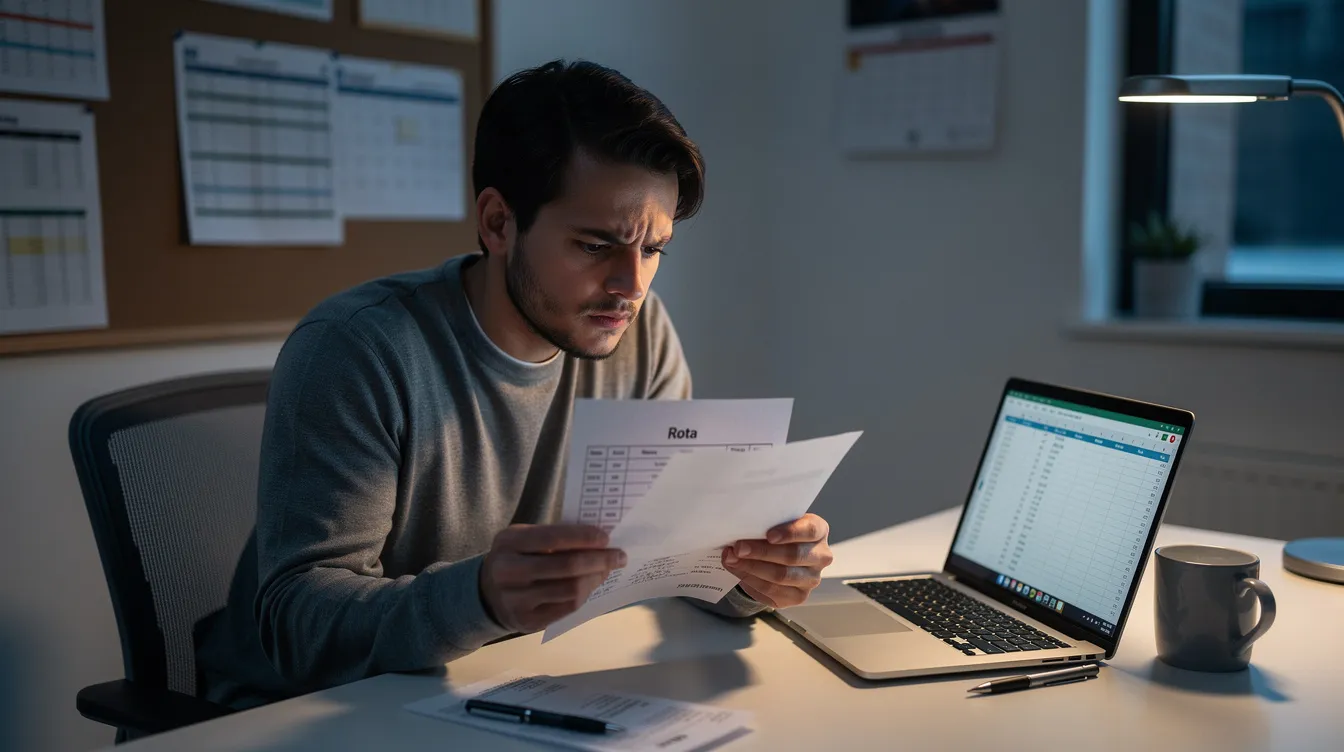 A worker is sitting at a desk, intently reviewing a rota and payslip, which detail their hours and pay. The payslip likely includes information about the national minimum wage and current rates, ensuring they are aware of their earnings and entitlements.
