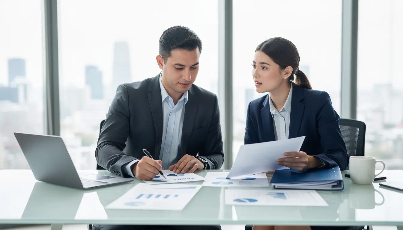 The image shows two business professionals, a man and a woman, collaborating at a desk while reviewing documents. They are discussing important aspects of their small business insurance coverage, which may include topics like general liability insurance and workers compensation insurance to ensure financial stability and protection against potential risks.