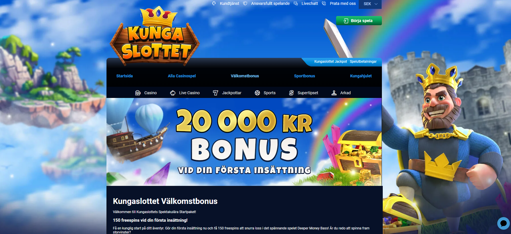 Kungaslottets välkomstbonus med upp till 20 000 kr i bonus och 150 free spins vid första insättningen.