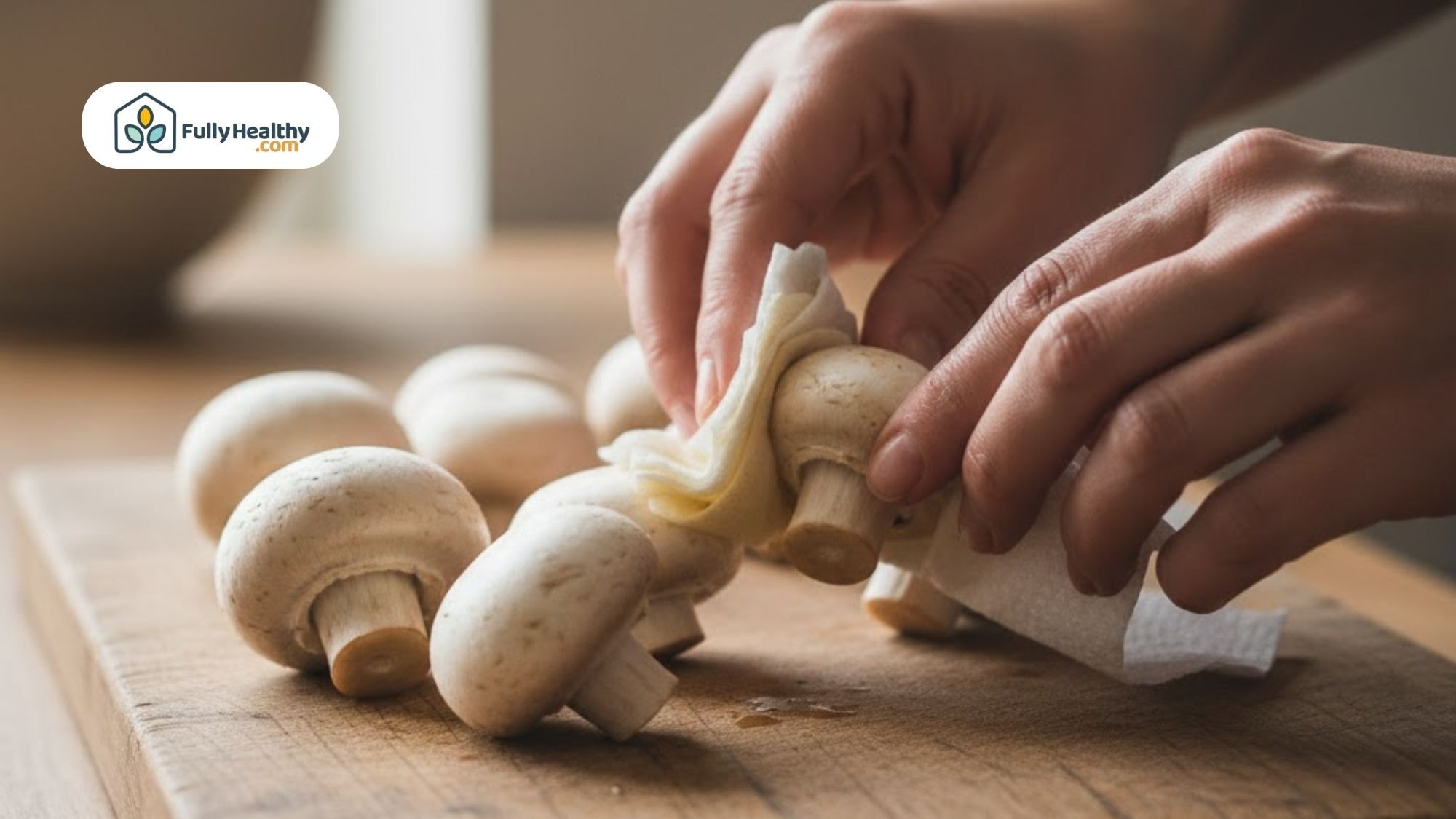 Hands cleaning button mushrooms with a damp paper towel.