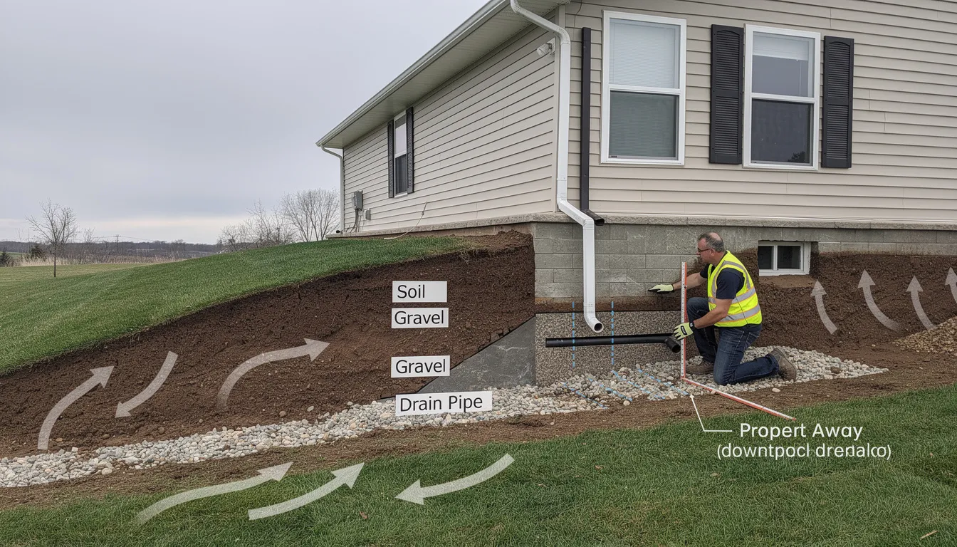 The image depicts a demonstration of proper drainage techniques around a home's foundation, showcasing how to effectively prevent water damage through well-maintained gutters and downspouts. This visual emphasizes the importance of gutter services and regular maintenance to protect the home's structural integrity and avoid costly repairs.