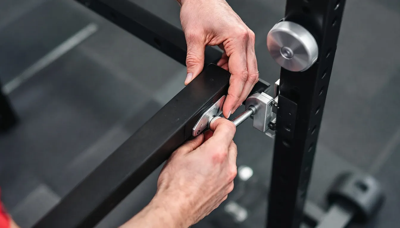 A close-up view of hands carefully inspecting the j-hooks and safety mechanisms on a squat rack, highlighting the essential features of this fitness equipment for strength training. The image showcases the sturdy frame and safety bars that ensure a safe workout experience in a home gym setting.