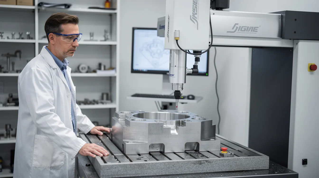 A quality inspector is examining a hardened steel die component using a coordinate measuring machine, ensuring it meets the specifications required for the die manufacturing process. This inspection is crucial for producing precise male and female dies used in various manufacturing industries.