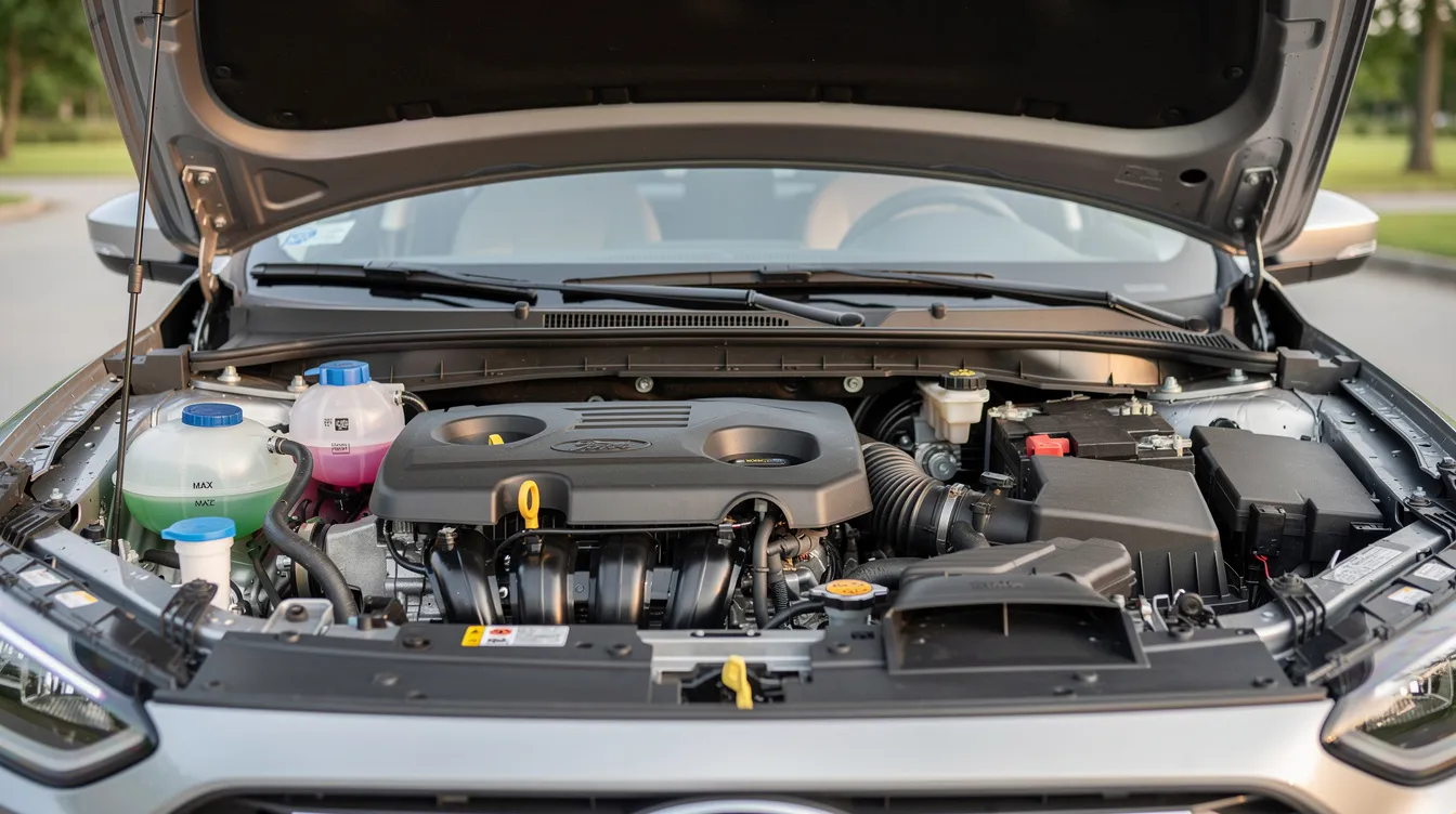 The image depicts an open car bonnet revealing the engine bay, where various fluid reservoirs, including the washer fluid and coolant level, are visible. This visual emphasizes the importance of regular car maintenance checks to ensure your vehicle runs smoothly during summer road trips and long journeys.
