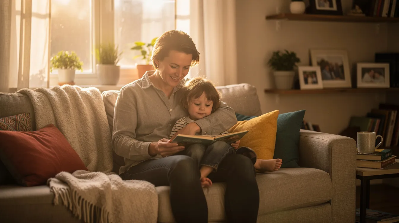A parent and child are sitting together on a comfortable couch, deeply engaged in reading a book, fostering a supportive learning environment that encourages student engagement and critical thinking skills. The cozy atmosphere promotes active participation in the learning process, allowing for a deeper understanding of the material.