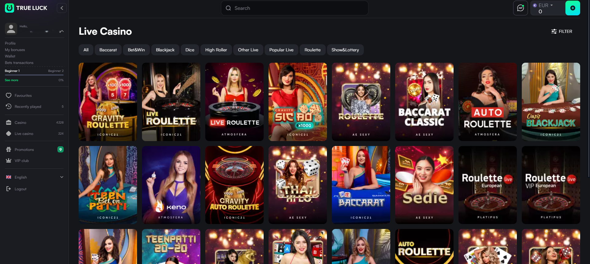 TrueLuck live casino lobby