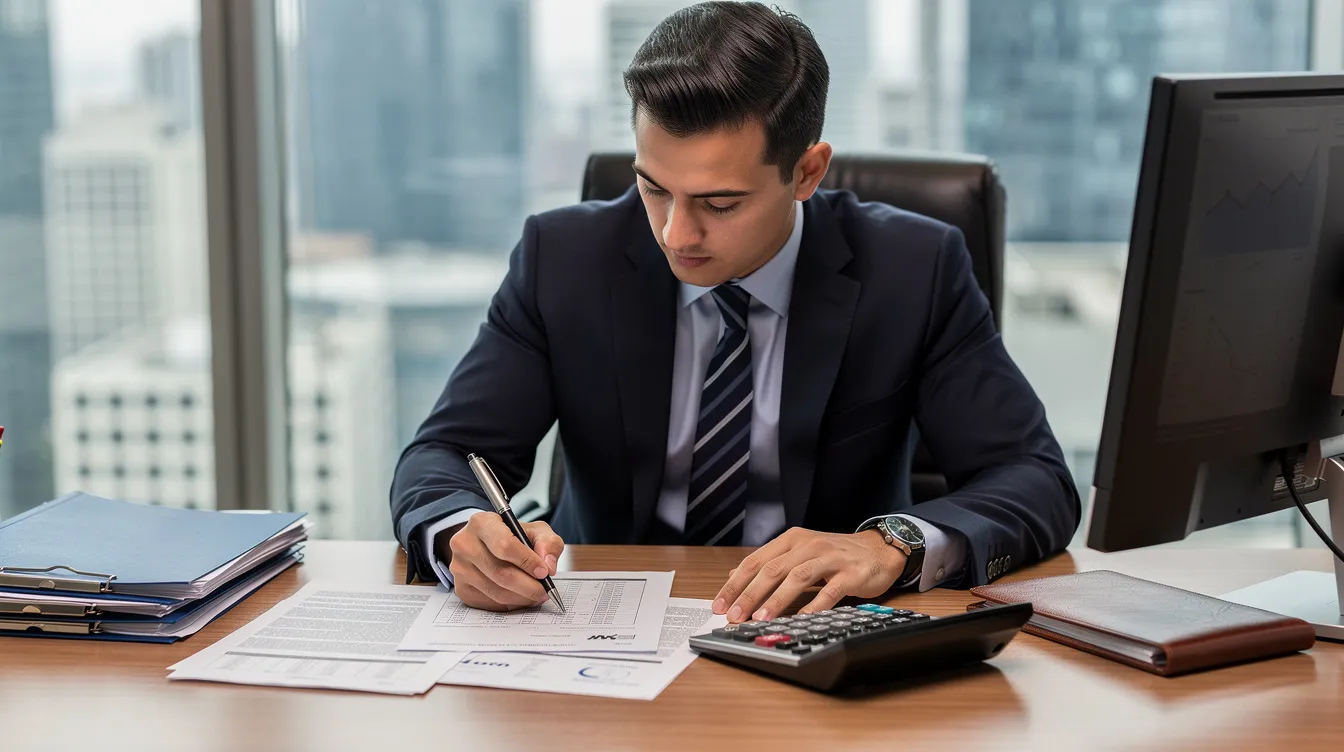 18a5e8dc 780f 4cd4 b0f2 924470ad729b A professional banker is seated at a desk, intently reviewing various documents with a calculator nearby, likely assessing loan interest rates and financial details for borrowers. The scene suggests a focus on providing services such as mudra loans and business loans to support entrepreneurs in achieving their financial goals.