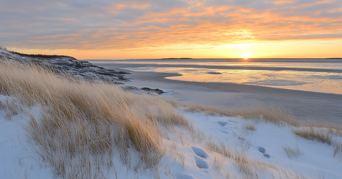Winter sunrise over a quiet Cape May beach with snow-covered dunes and footprints along the shoreline