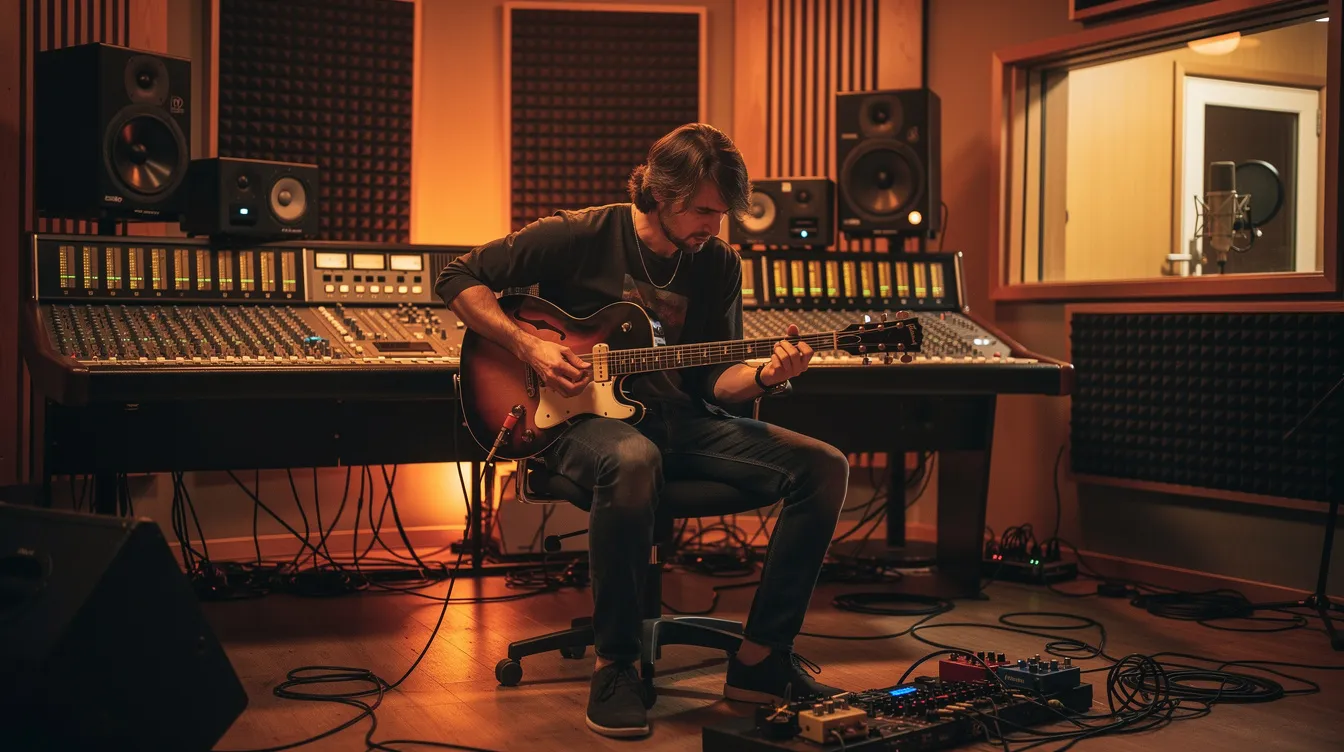 A musician is passionately playing guitar inside a recording studio, surrounded by warm ambient lighting that creates a cozy atmosphere. The scene captures the essence of the music industry, highlighting the creative process of performing artists in a space dedicated to sound recordings and artistic expression.