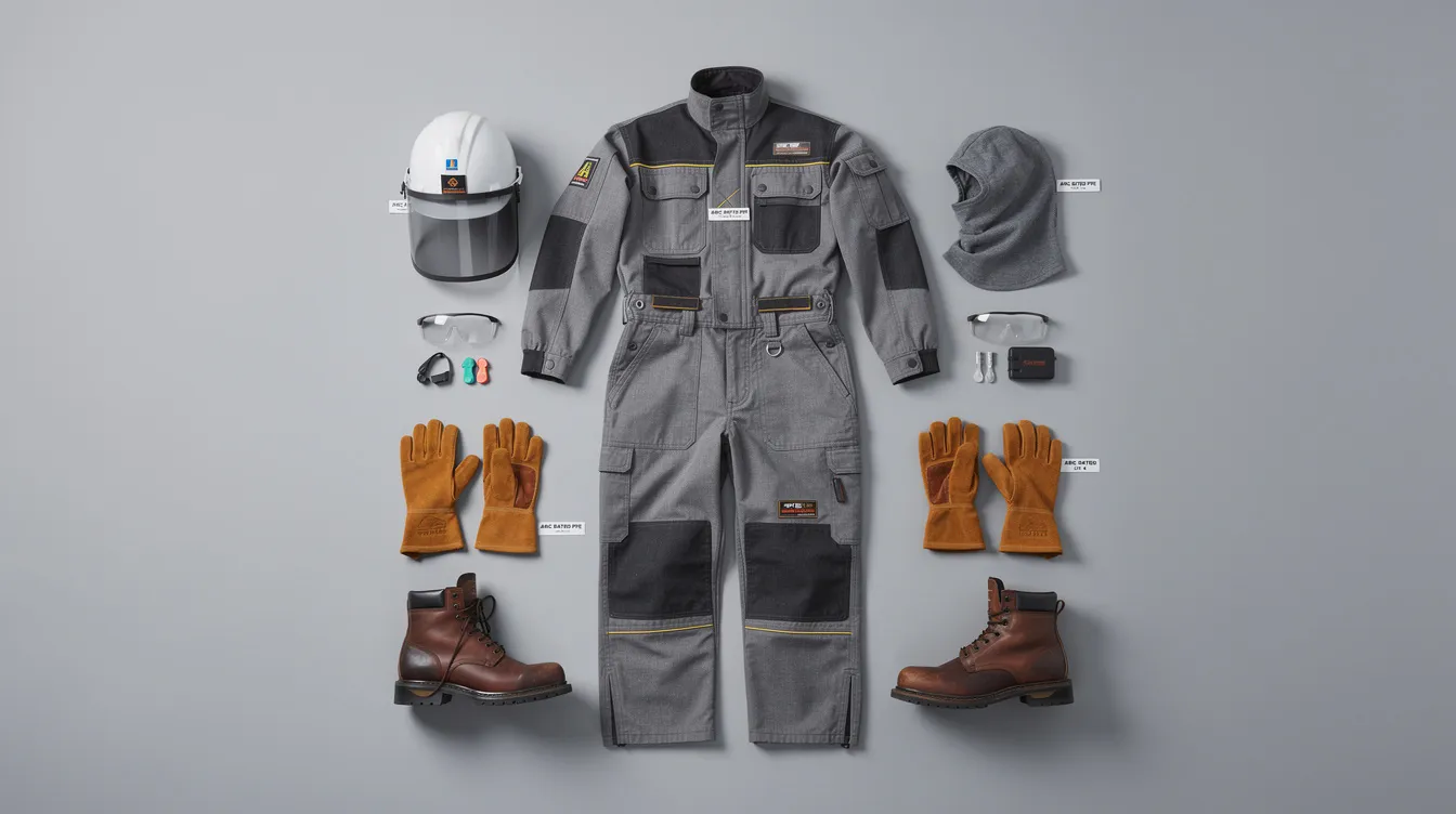 The image depicts a complete arc flash personal protective equipment (PPE) system laid out, including arc flash garments designed to protect workers from thermal hazards associated with electric arcs. Each piece of clothing is arranged to showcase its protective features, ensuring compliance with arc flash standards such as IEC 61482, while emphasizing the importance of adequate incident energy limits and safety in high-risk environments.