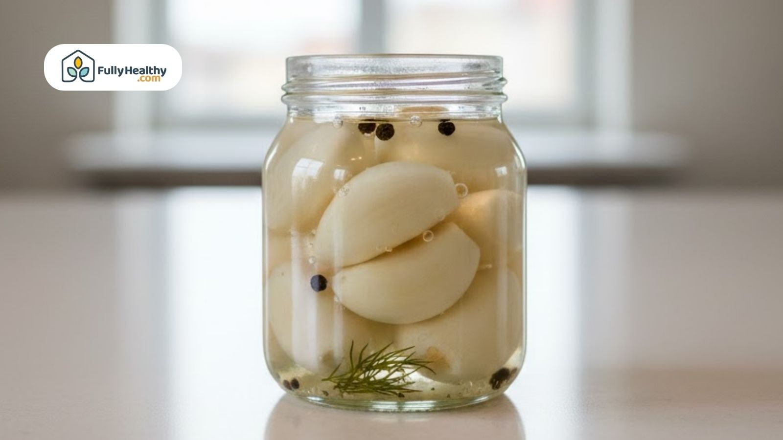 A jar of pickled garlic with black peppers preserved in brine.