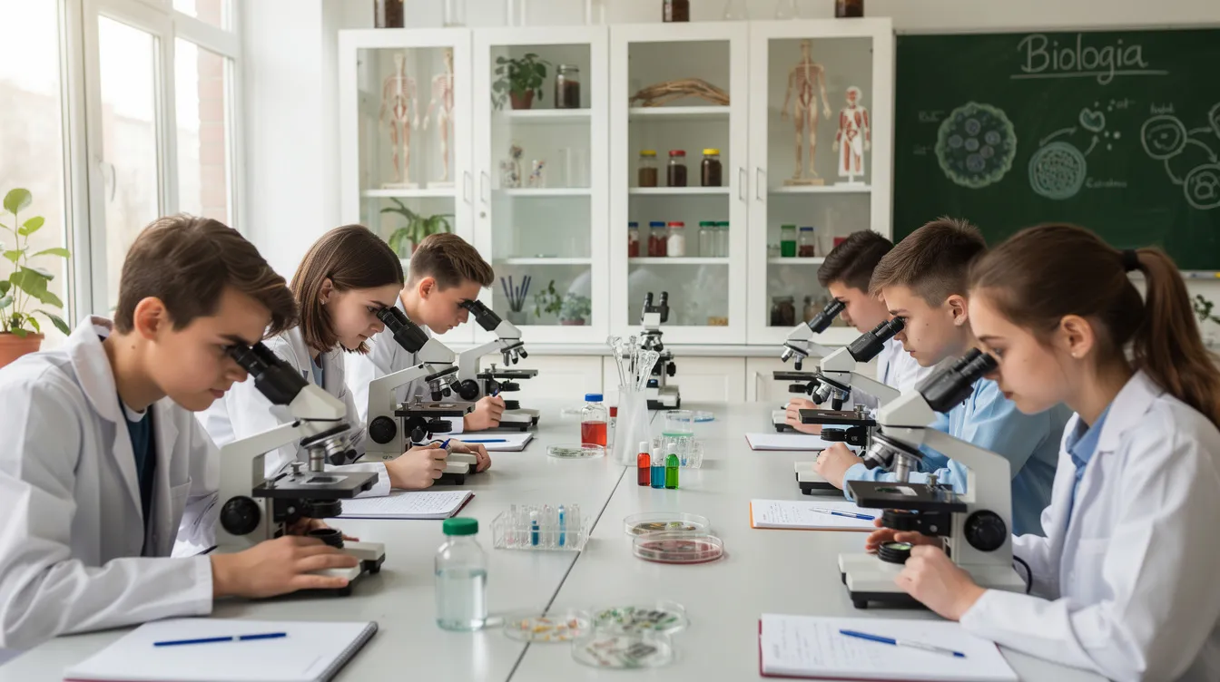 Na obrazku widać uczniów w szkolnej pracowni biologicznej, którzy siedzą przy stolikach laboratoryjnych i patrzą przez mikroskopy optyczne. To moment obserwacji budowy komórkowej, związany z nauką o życiu w ramach sprawdzianu z biologii w klasie 5.