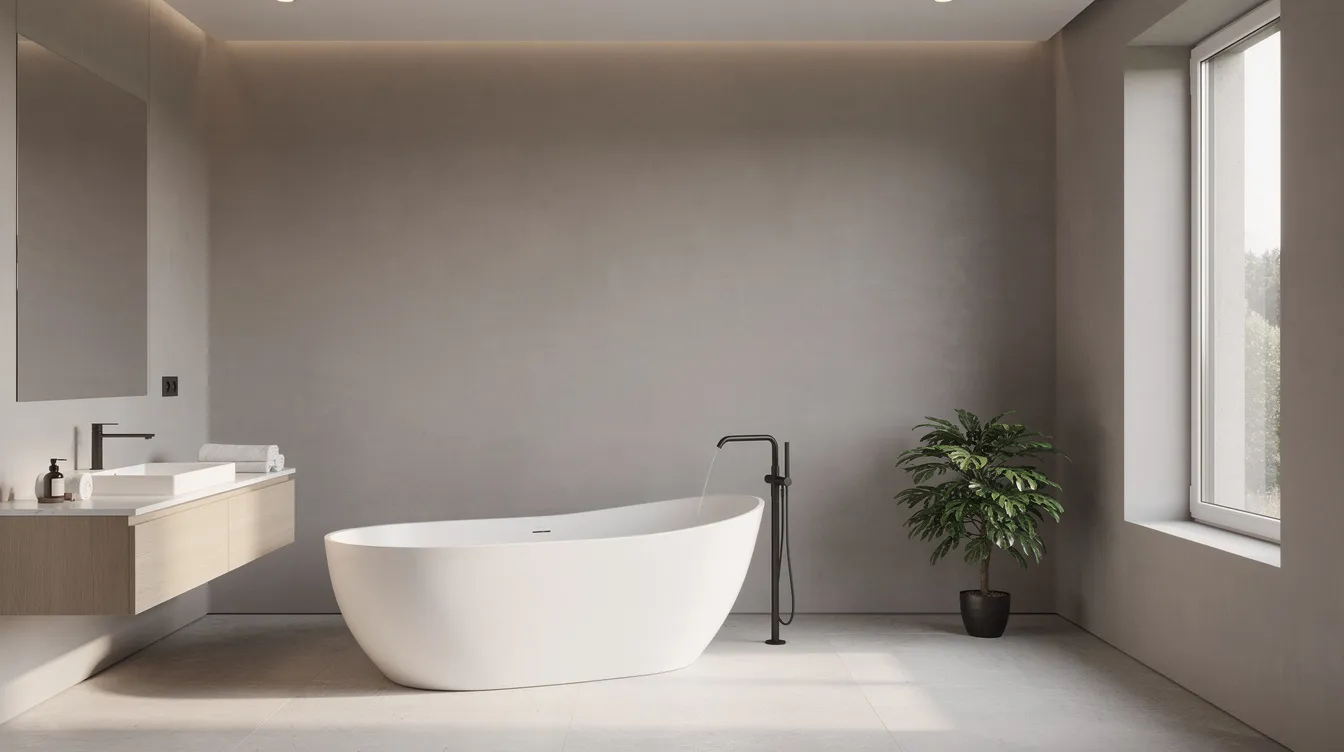 This image features an elegant modern bathroom with smooth, soft grey walls that showcase a refined finish, reminiscent of marmorino plaster. A freestanding bathtub sits gracefully under natural light streaming in from a window, enhancing the serene atmosphere of the space.