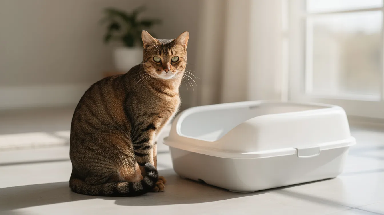 A tabby cat is sitting next to a clean litter box filled with fresh litter in a bright room, emphasizing the importance of a clean place for cats to dig and do their business. The scene highlights the cat's comfort and the cleanliness of the litter box, which is essential for maintaining a healthy environment.