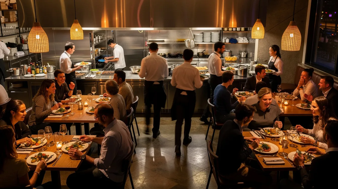 The image depicts a bustling restaurant filled with patrons enjoying their meals, while staff members efficiently manage orders and service. This vibrant scene highlights the importance of effective restaurant accounting services in maintaining financial health and operational efficiency within the hospitality industry.