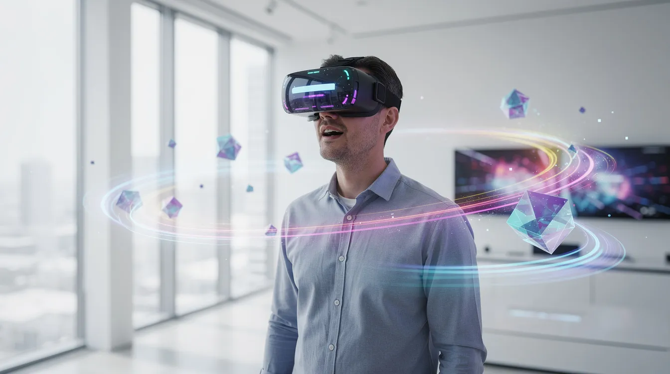Eine Person trägt eine moderne VR-Brille in einem hellen Showroom und ist fasziniert von einer virtuellen Darstellung, die durch leuchtende Farben und dreidimensionale Formen besticht. Diese Szene könnte in einem Kontext von muthmedia GmbH in Frankfurt am Main stattfinden, wo innovative Medienproduktionen und Videomarketing im Fokus stehen.