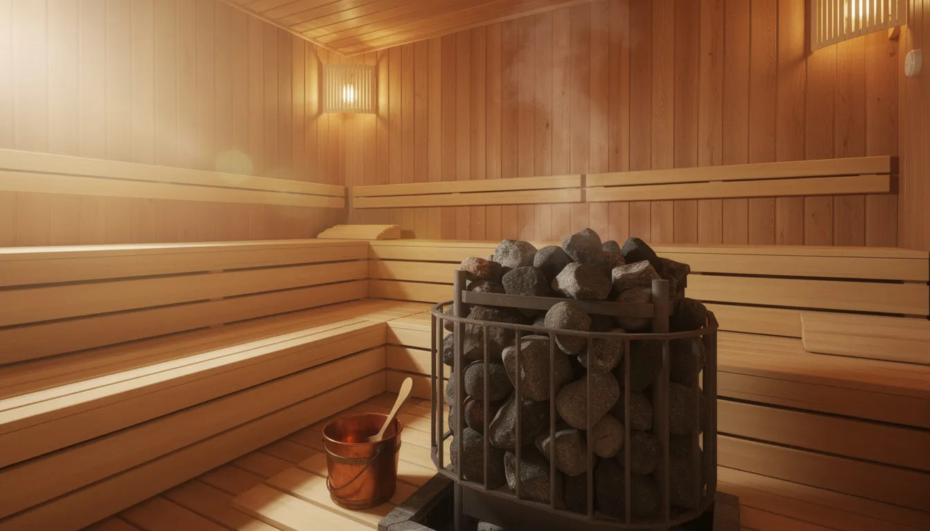 The image depicts a traditional Finnish sauna interior featuring wooden benches, a stone heater, and a serene atmosphere that promotes relaxation and stress relief. This communal space encourages quiet moments and meaningful conversations among friends and loved ones, embodying the essence of sauna culture and its unique health benefits.