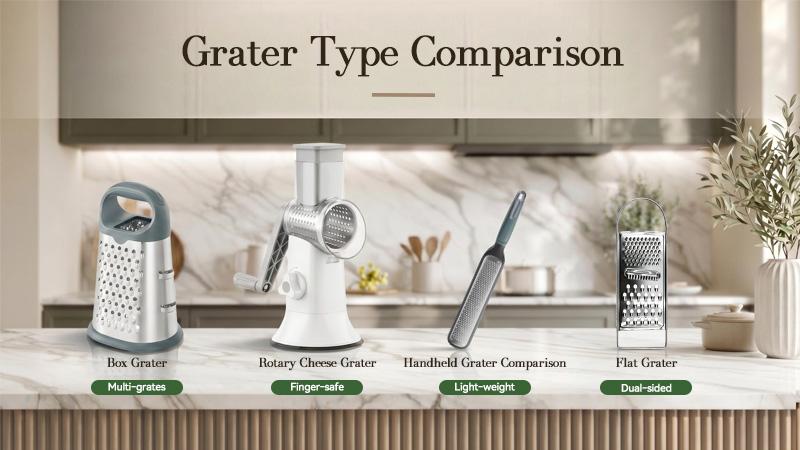 Box grater vs. rotary cheese grater and handheld grater comparison.