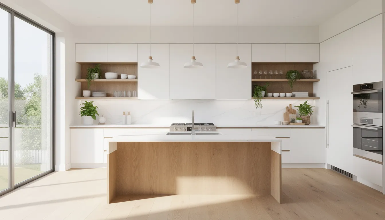 The image depicts a bright and modern kitchen featuring sleek white cabinetry complemented by warm wooden accents. This stylish space showcases custom cabinetry, modern lighting, and engineered stone countertops, making it an ideal example of a mid-range kitchen renovation that enhances the overall property value.