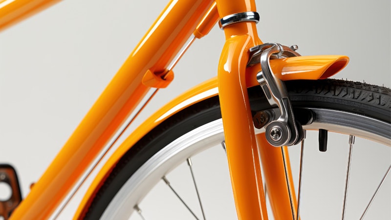 Close-up shot of an orange bicycle frame with a glossy finish showing the brakes and part of the tire.