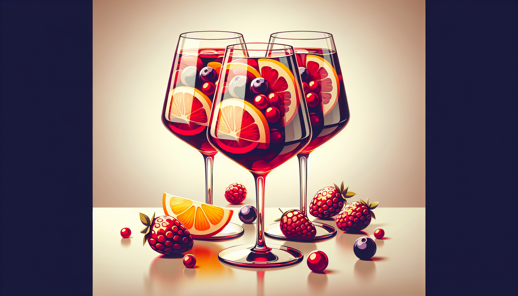 Elegant wine glasses filled with red sangria, garnished with orange slices and berries