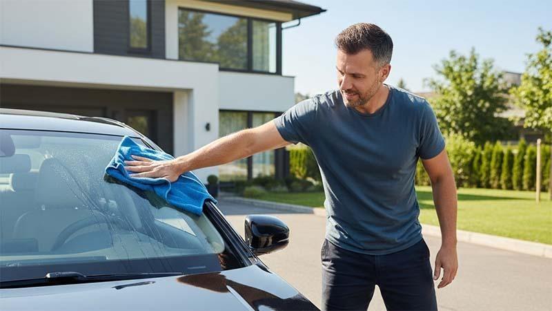 a man cleaning his car windshield with microfiber towels