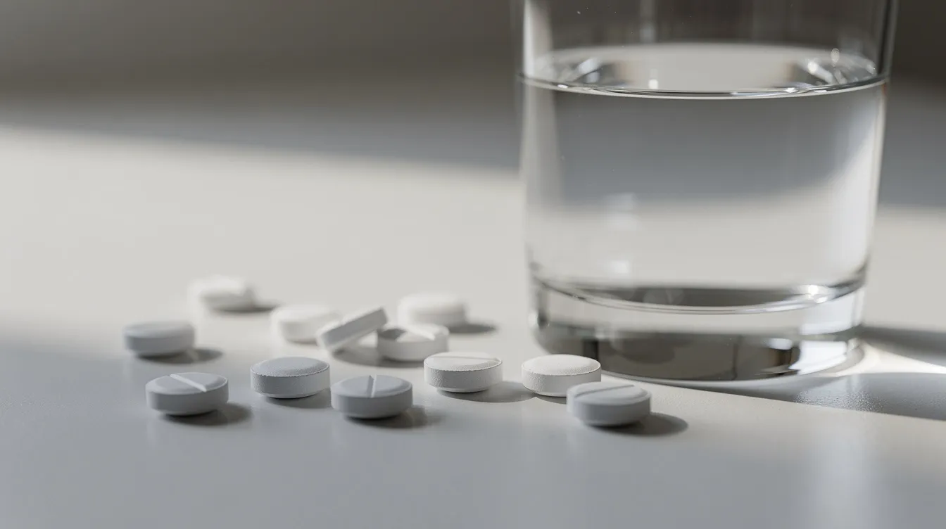 En la imagen se pueden ver tabletas blancas dispuestas sobre una superficie clara, junto a un vaso de agua, lo que sugiere un contexto relacionado con el uso de medicamentos para la diabetes tipo 2, como la semaglutida. Este tipo de tratamiento está destinado a pacientes que buscan controlar sus niveles de glucosa y facilitar la pérdida de peso.
