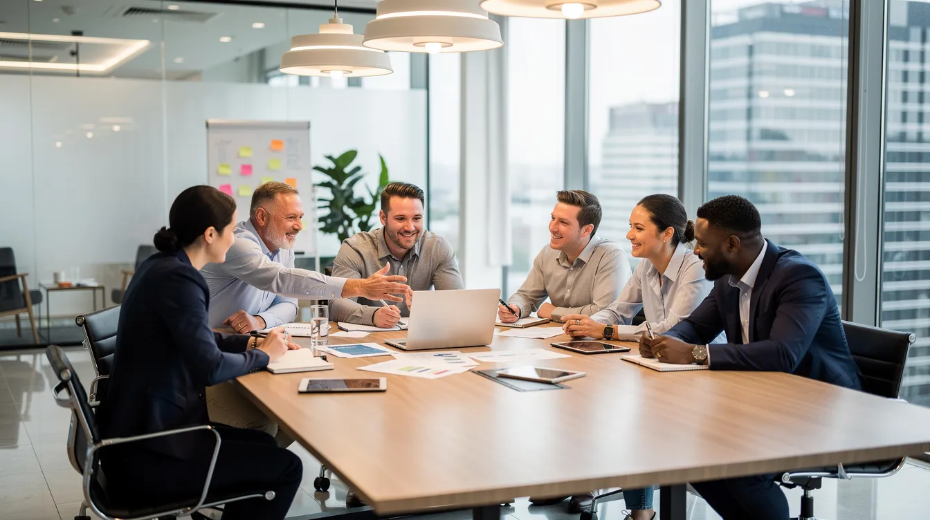 A diverse team of professionals collaborates around a sleek conference table in a modern office, engaging in discussions about ESG strategy and sustainability goals. This setting reflects the importance of teamwork in developing effective ESG consulting services and addressing corporate sustainability reporting directives.