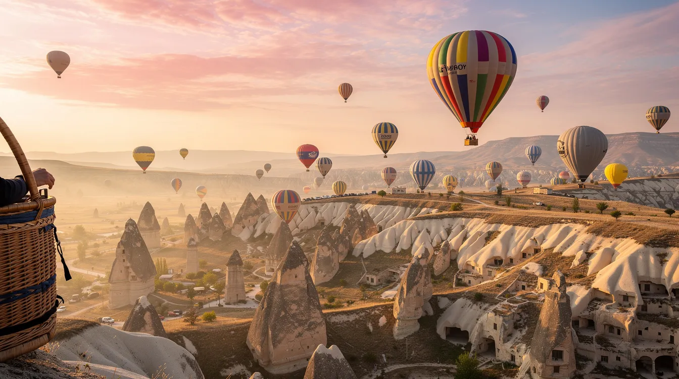A imagem mostra balões coloridos flutuando sobre as impressionantes chaminés de fada da Capadócia, na região da Anatólia Central. Esta paisagem única e mágica é um dos principais pontos turísticos de Göreme, atraindo viajantes em busca de experiências inesquecíveis.
