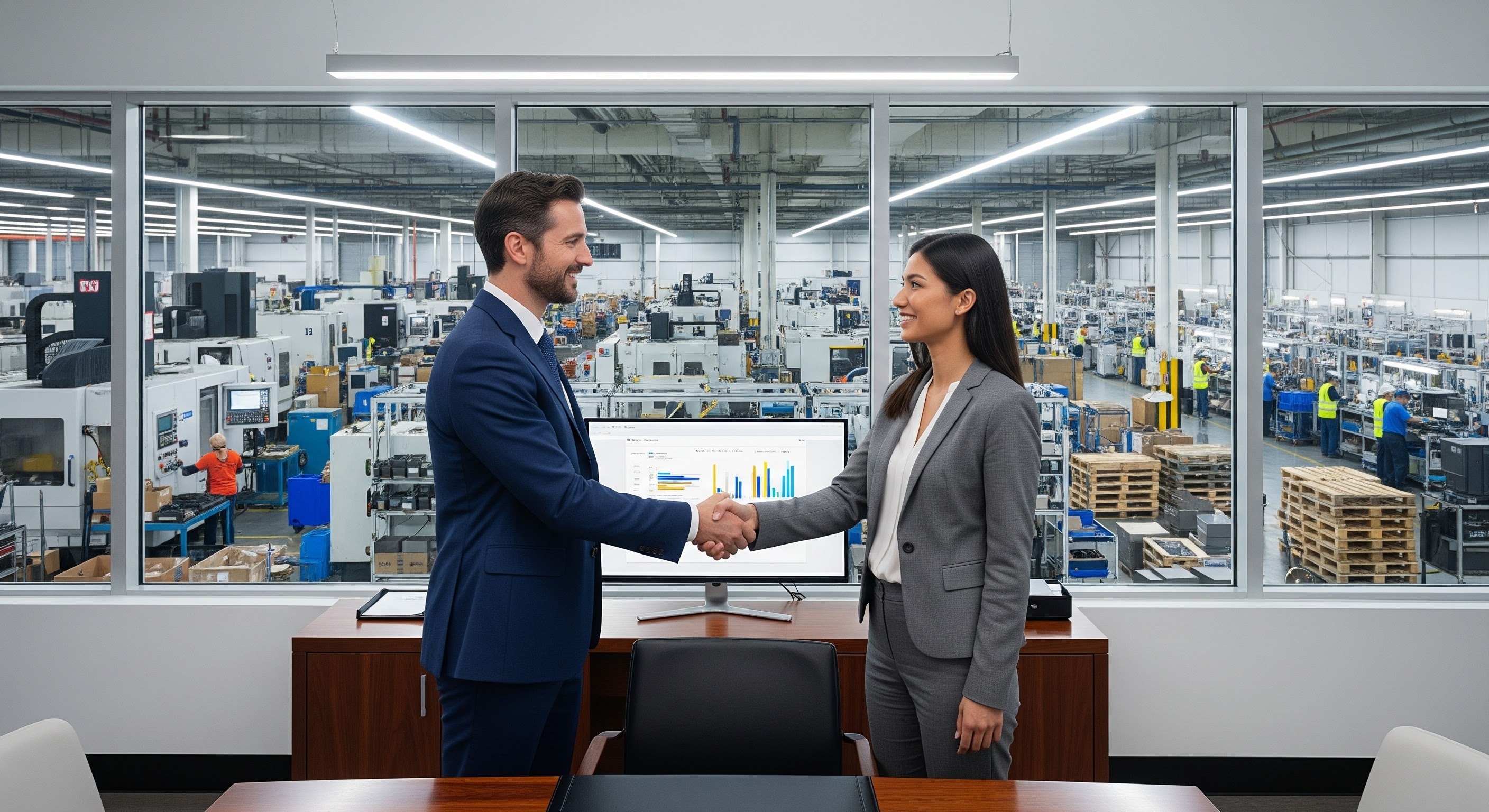contract manufacturing handshake in a production office overlooking factory floor, B2B partnership concept