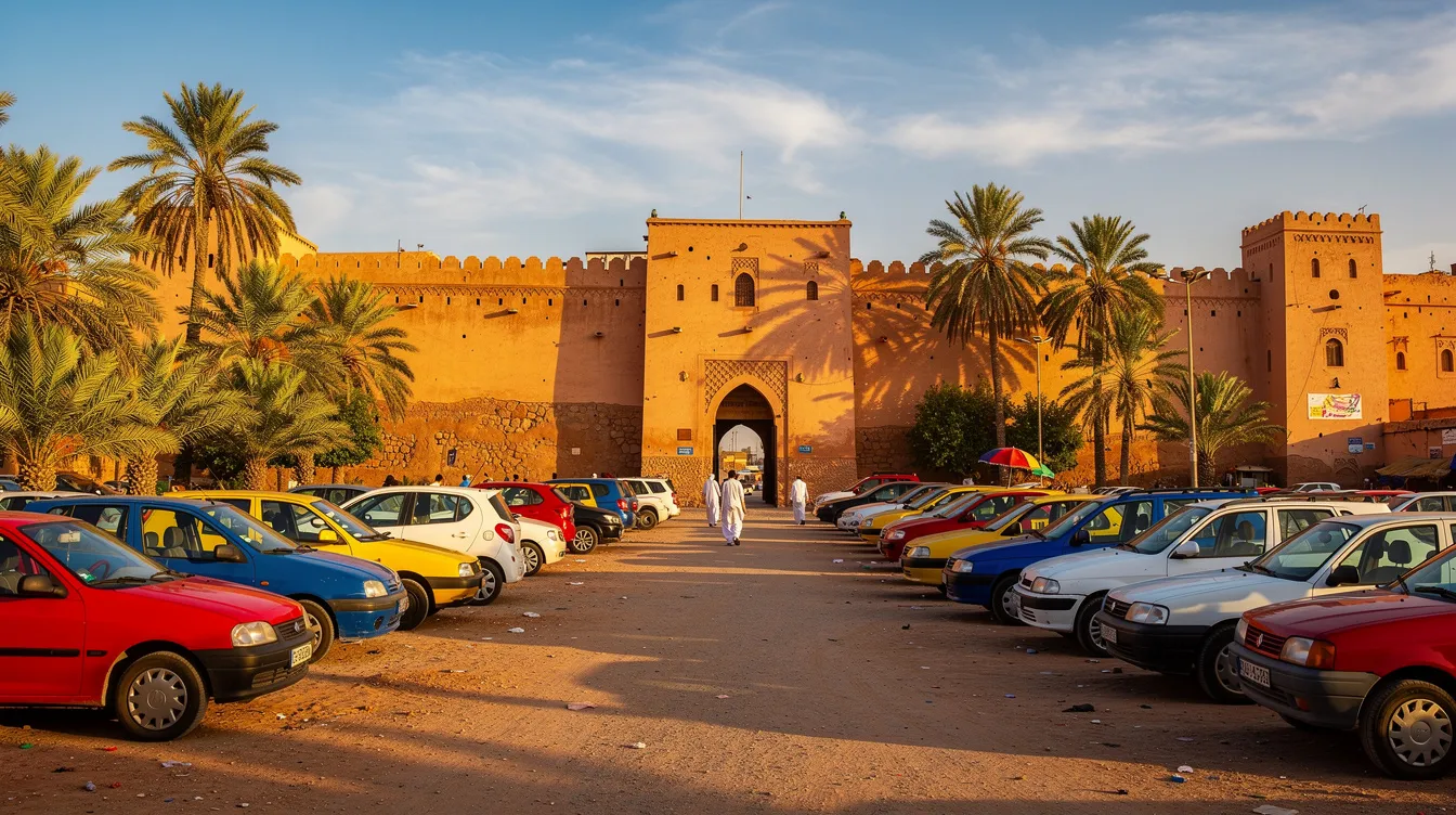 Een levendige Marokkaanse parkeerplaats bij een medina, omringd door palmbomen en kleurrijke gebouwen. Deze locatie biedt een ideale plek om een huurauto op te halen voor avontuurlijke ritten door de populaire routes van Marrakech.