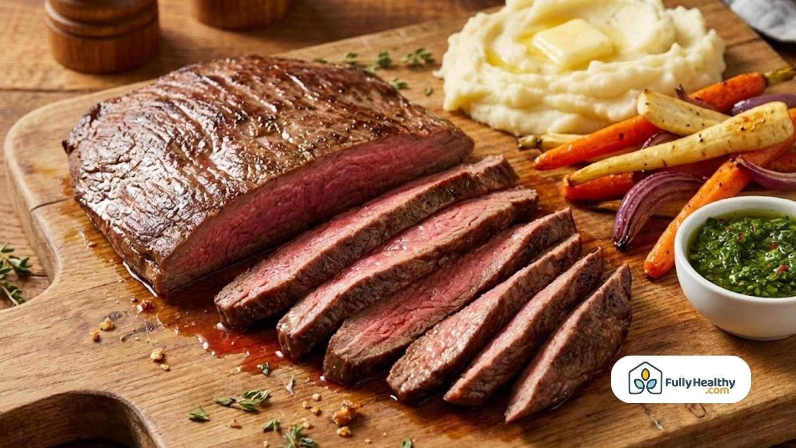 Sliced flank steak with mashed potatoes vegetables and chimichurri sauce on board