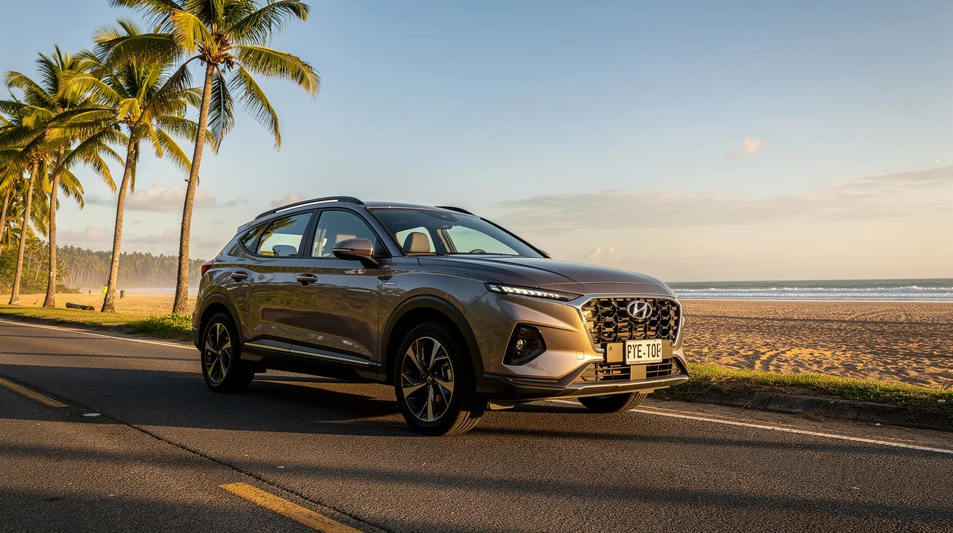 Een compacte SUV staat geparkeerd langs een kustweg, omringd door palmbomen en met een prachtig zandstrand en de Atlantische Oceaan op de achtergrond. Dit beeld roept de sfeer op van een ontspannen vakantie in Agadir, waar je gemakkelijk een huurauto kunt boeken om de omgeving te verkennen.