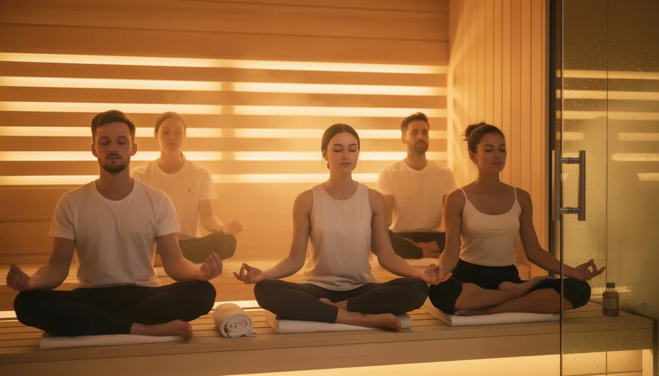 A group of people sits peacefully in meditation poses inside a modern sauna, embracing the intense heat and promoting relaxation. This shared experience fosters a sense of community and connection, allowing for quiet moments of mental clarity and stress relief amidst today's fast-paced world.