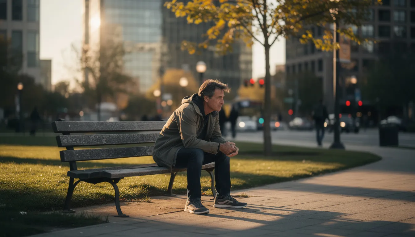 A contemplative man sits alone on a park bench in an urban setting during the evening light, embodying the feelings of adult loneliness and social isolation that many experience. This scene highlights the psychological aspects of male loneliness, reflecting the struggle for meaningful connections in a world where social disconnection is increasingly common.